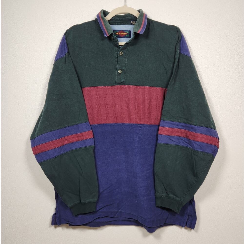Vintage M.E. Sport XL Cotton Rugby Polo Long Sleeve Stripe Skate Grunge Cobain